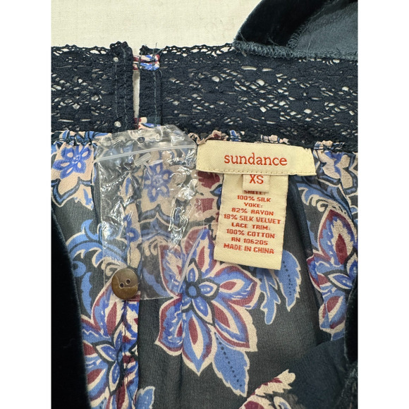 Sundance Blue Blouse Sz XS Fairy Top Sheer Floral Velvet Lace Trim Whimsigoth - Picture 4 of 8